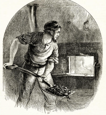 A houseman feeding coal into a furnace